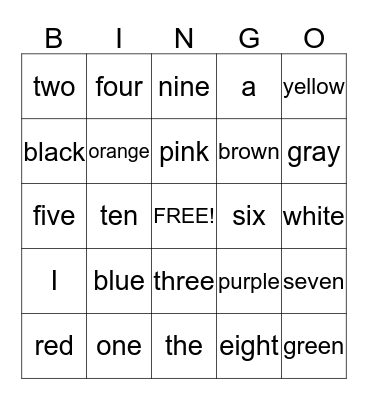 Color and Number Word Bingo Card