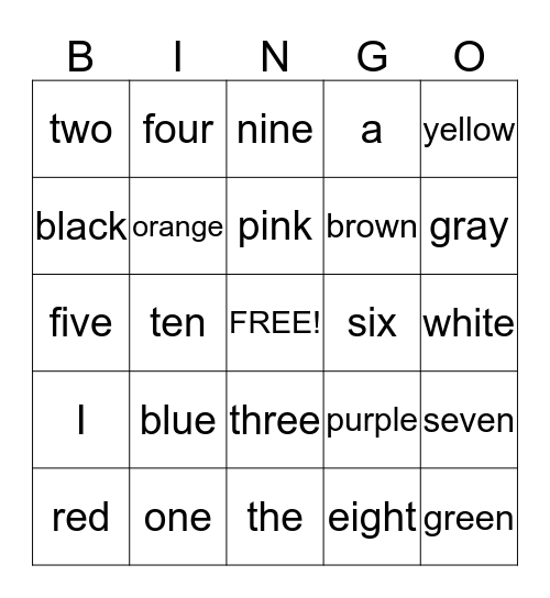 Color and Number Word Bingo Card