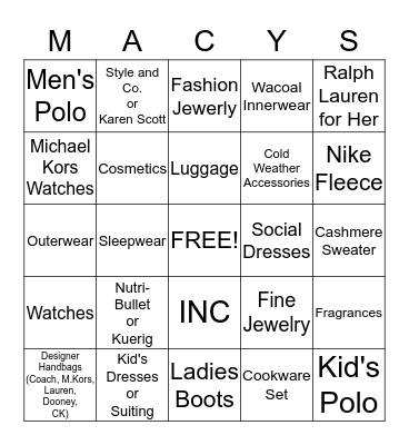 Private Shooping Night at Macy's Gurnee Bingo Card