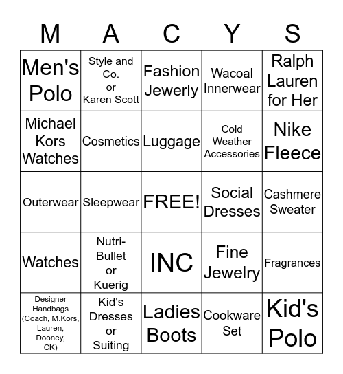 Private Shooping Night at Macy's Gurnee Bingo Card