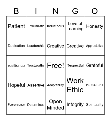 Strengths Bingo Card