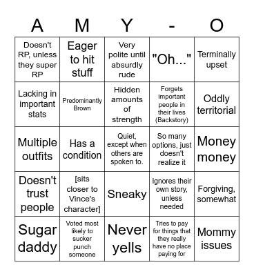 Amy Character Bingo Card