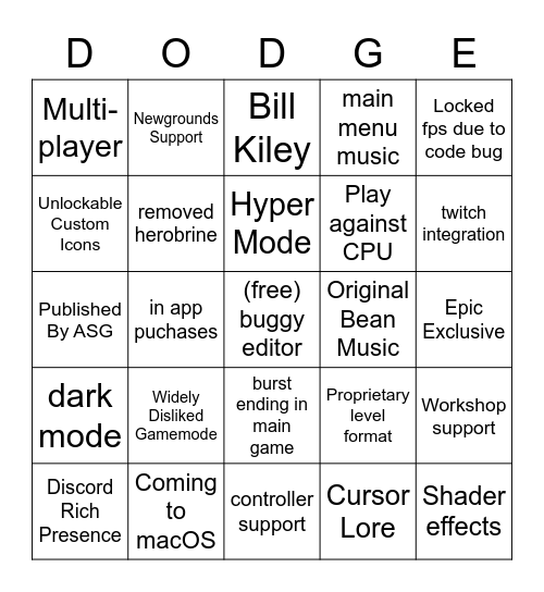 Soundodger 2 Bingo Card