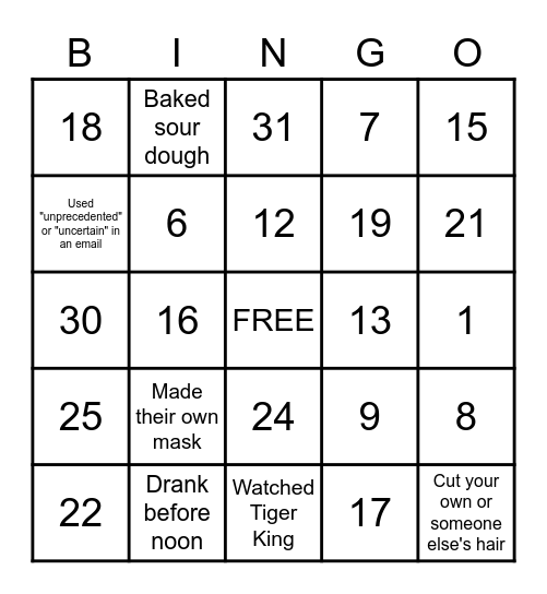 Round 1: Covid Bingo Card