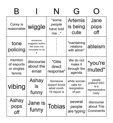 GSC BoD Meeting Bingo Card