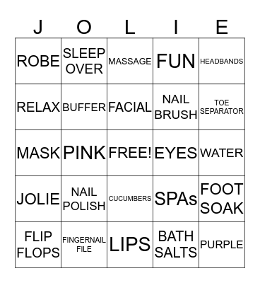 JOLIE'S SPA BINGO Card