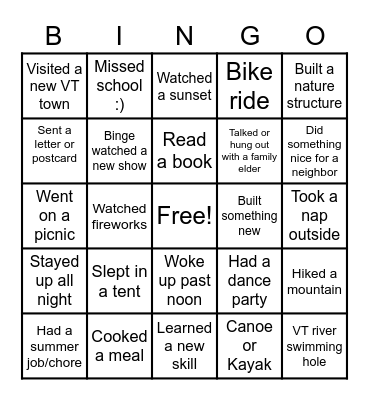 Summer Vacation Bingo Card