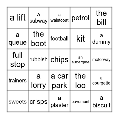 American vs British English Bingo Card