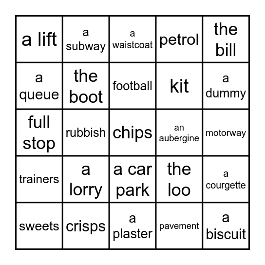 American vs British English Bingo Card