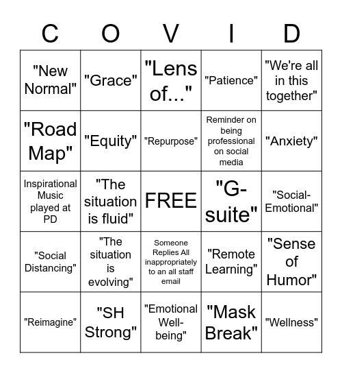 Beginning of School Year 2020-2021 Bingo Card