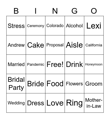 Lexi's Bridal Shower Bingo Card