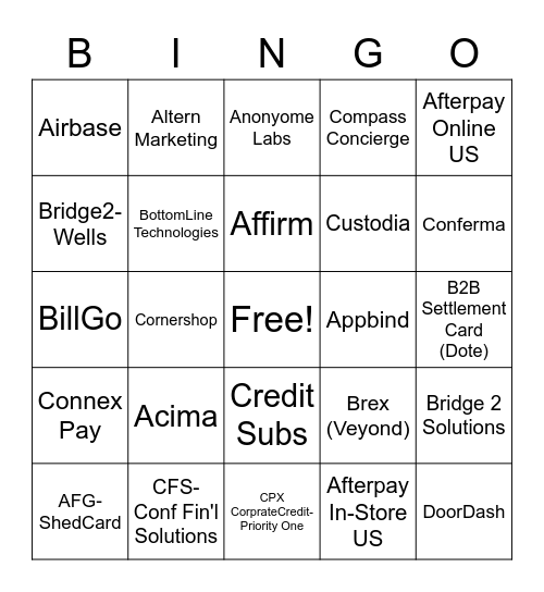 Prepaid Programs Bingo Card