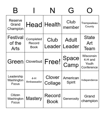 Trempealeau County 4-H Bingo Card