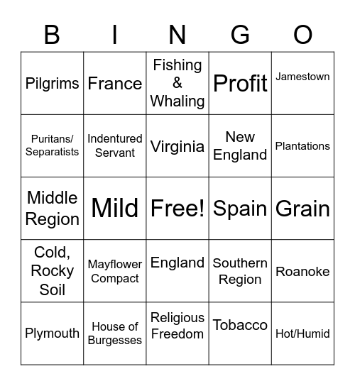 WCJH Howard Colonies BINGO Card