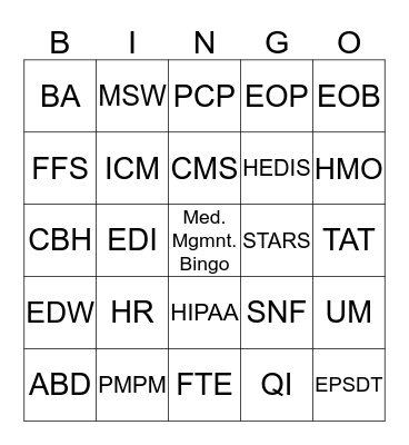 Medical Management Bingo Card