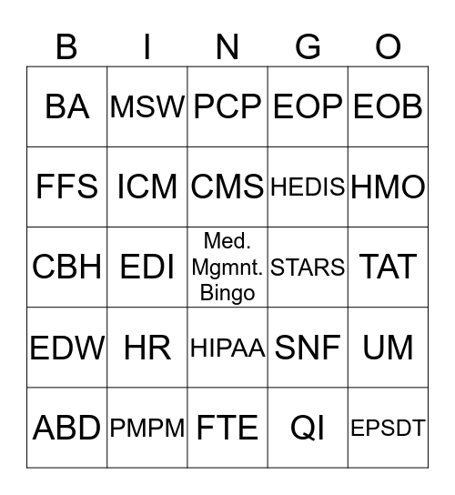 Medical Management Bingo Card