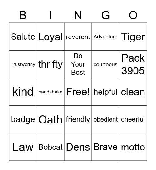 Cub Scout Bobcat Badge Bingo Card
