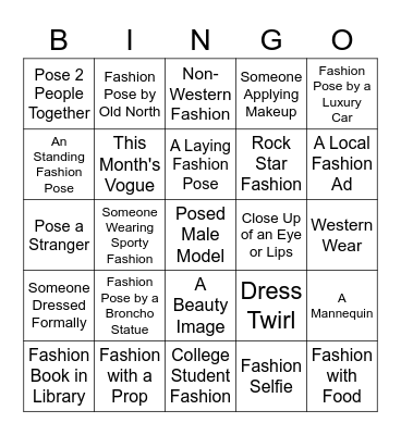 Fashion Photography Bingo Card