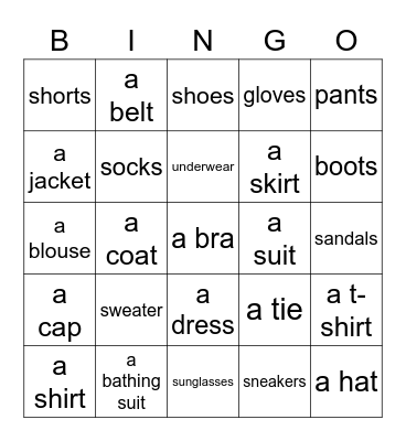Clothes Bingo! Words Bingo Card