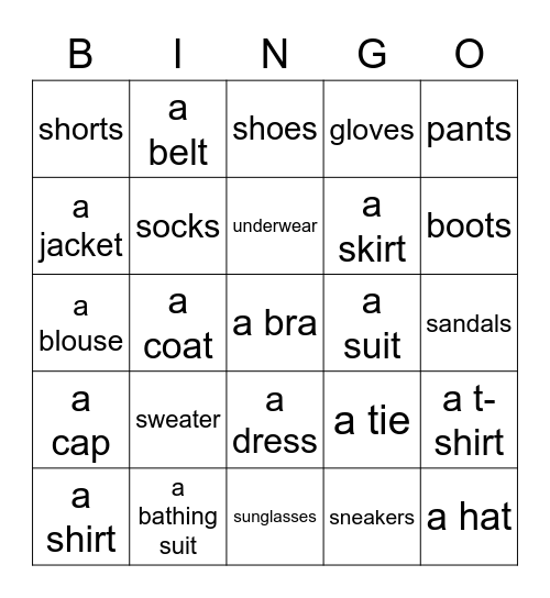 Clothes Bingo! Words Bingo Card
