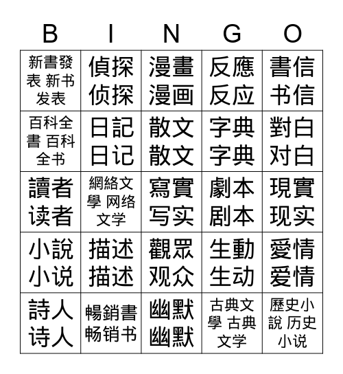 APCH L37 文学 Bingo Card