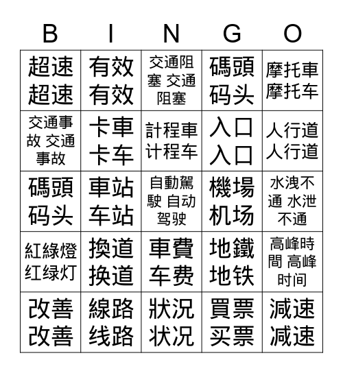 APCH L28 交通 Bingo Card