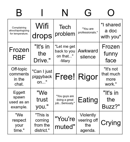 Staff Meeting Bingo Card