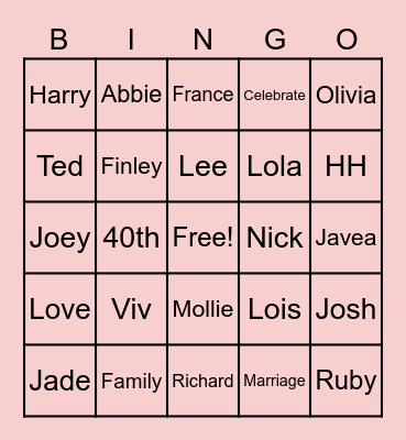 Ruby Wedding Bingo Card