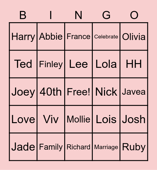 Ruby Wedding Bingo Card