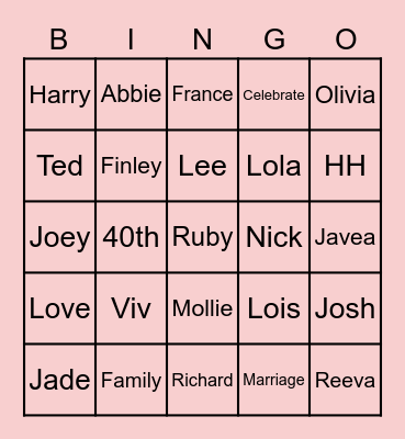 Ruby Wedding Bingo Card