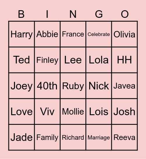 Ruby Wedding Bingo Card