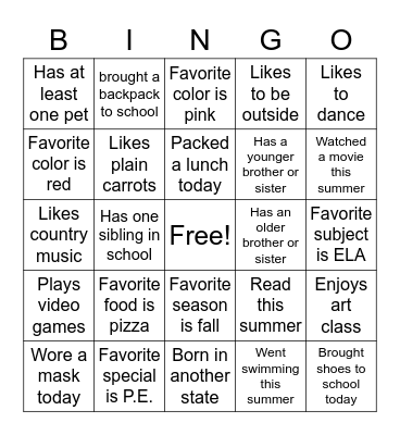 All about me! Bingo Card