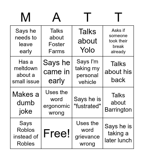 MATT Bingo Card