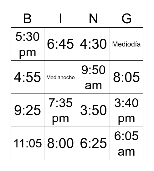 Bingo de horas Bingo Card