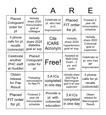 PHC BINGO - ICARE Version Bingo Card