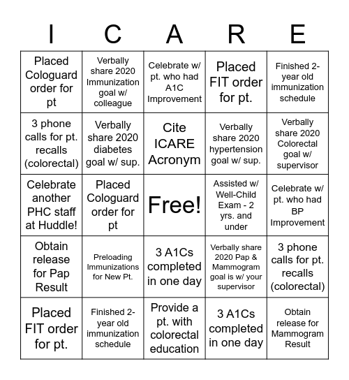 PHC BINGO - ICARE Version Bingo Card
