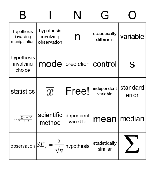 Experimental Design and Stats Vocab Bingo Card