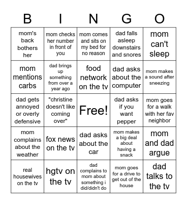 living w/ mom and dad Bingo Card