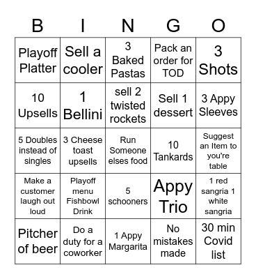 Bar Bingo Card