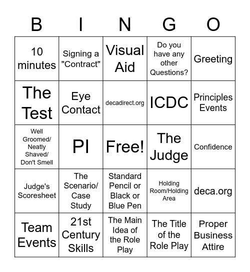 DECA Competition Role Play Bingo Card