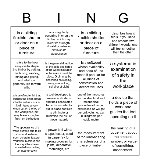 Tabour Glossary Bingo Card