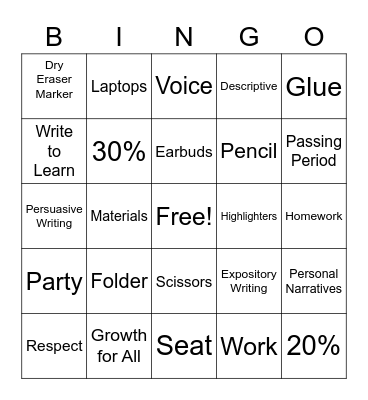 Back To School Bingo Card