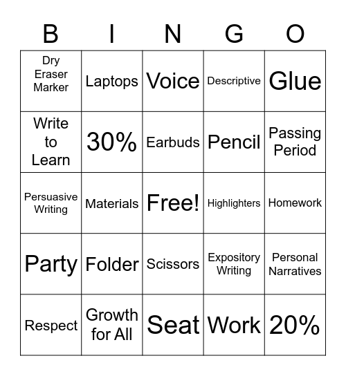 Back To School Bingo Card