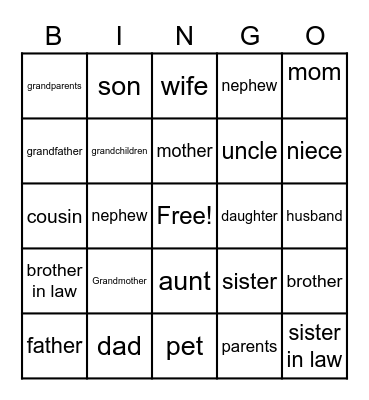 Family Vocabulary Bingo Card