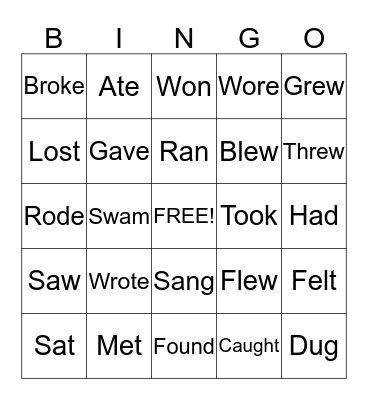 Irregular Past Tense Verbs Bingo Card