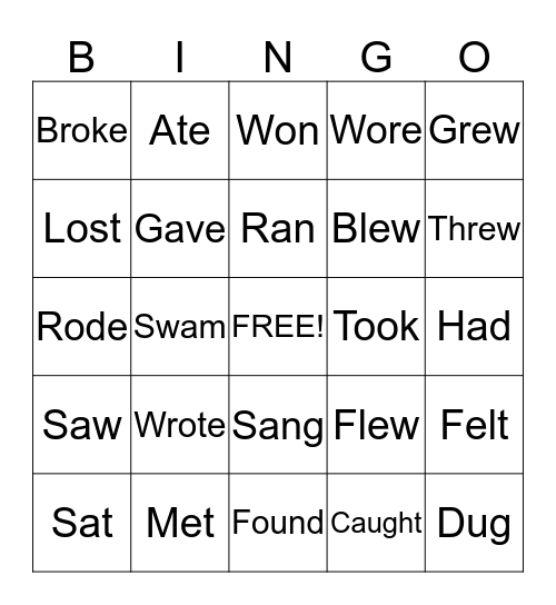 Irregular Past Tense Verbs Bingo Card
