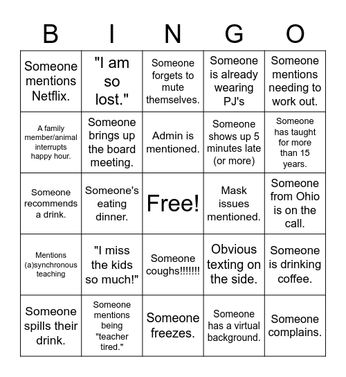 SC for Ed Happy Hour Bingo Card