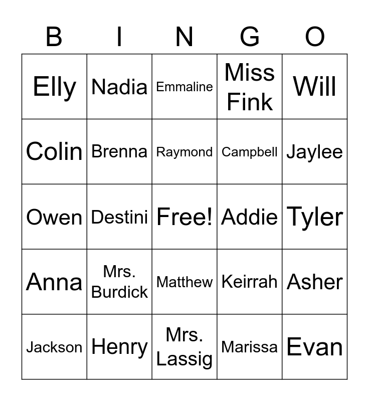 My Class Bingo Card