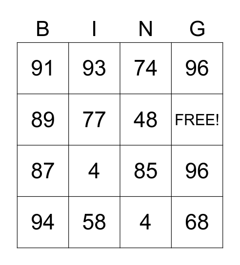 MATH BINGO Card