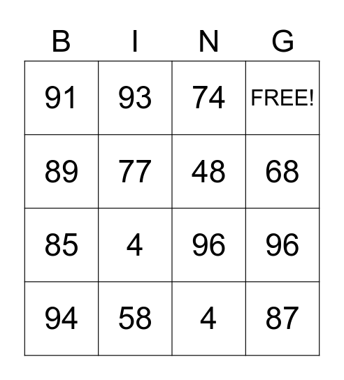 MATH BINGO Card
